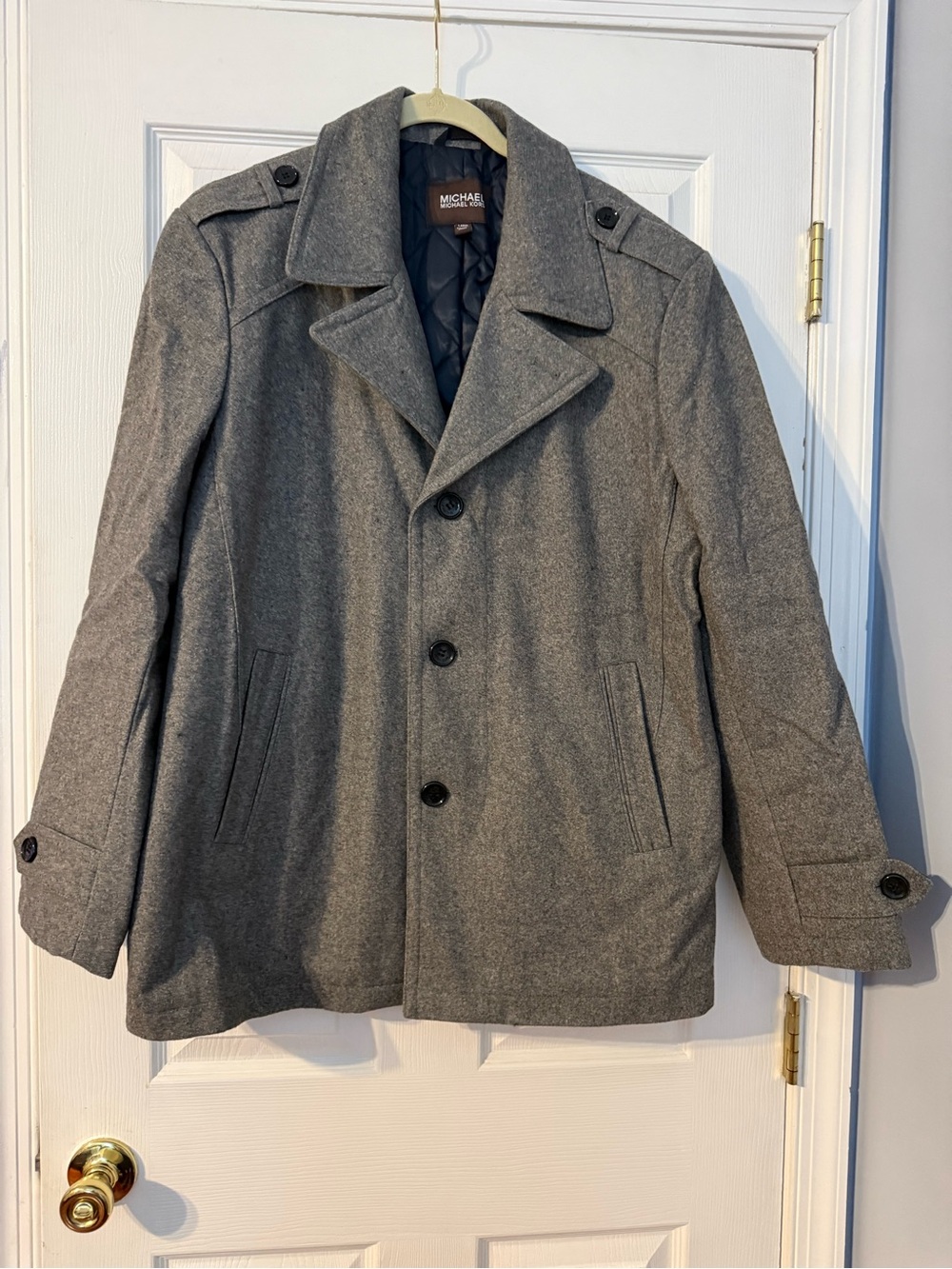 Michael Kors Men's Gray Wool Peacoat with Notch Collar